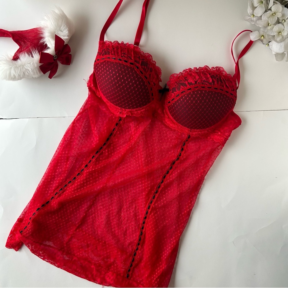3/$20 Jezebel, red and black lace négligée mesh, - Picture 5 of 7